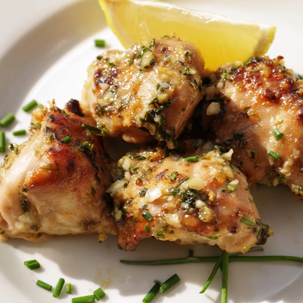 Delicious Spring Garlic Herb Chicken served with roasted vegetables on white platter