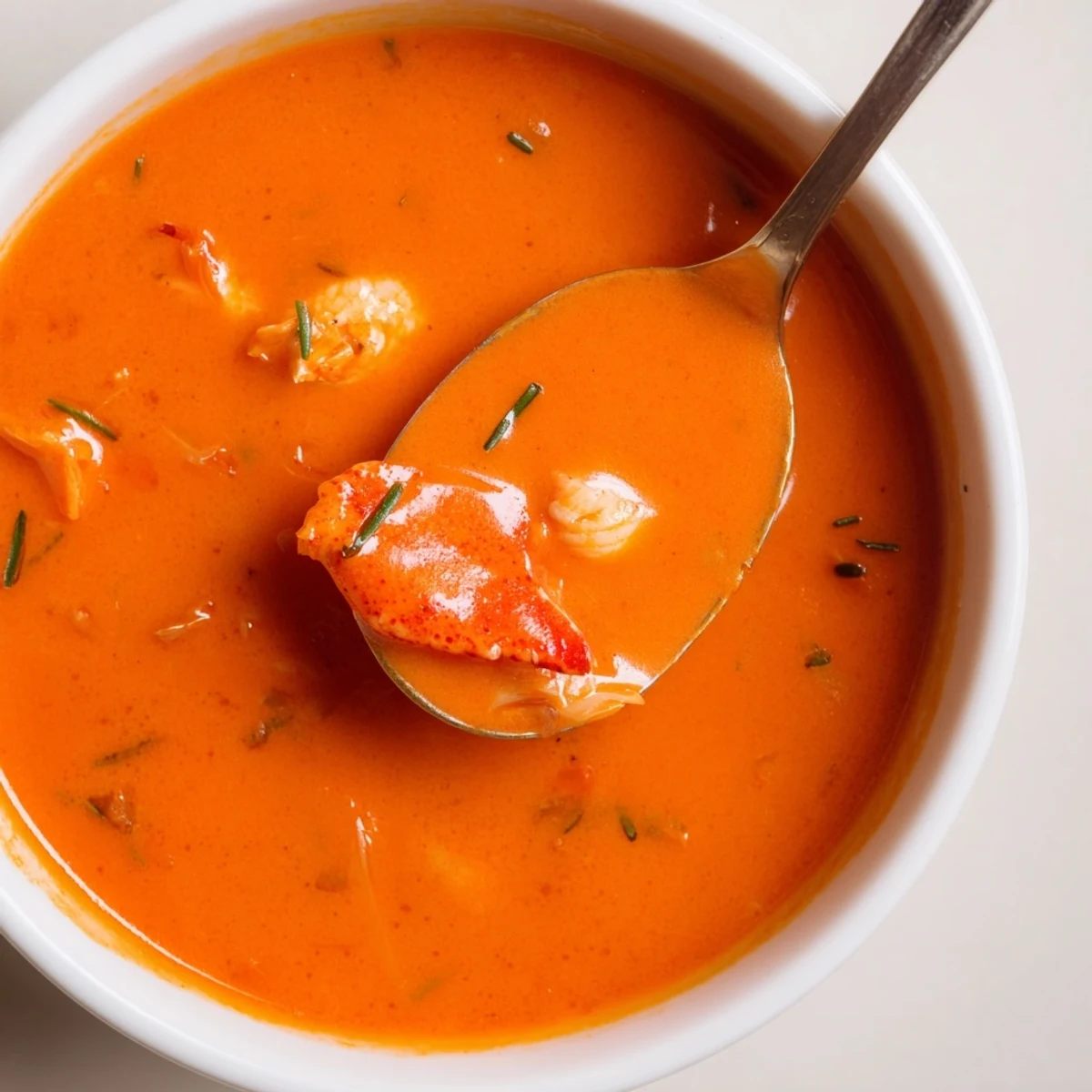 Golden red Gordon Ramsay lobster bisque served elegantly with succulent lobster pieces and herb garnish