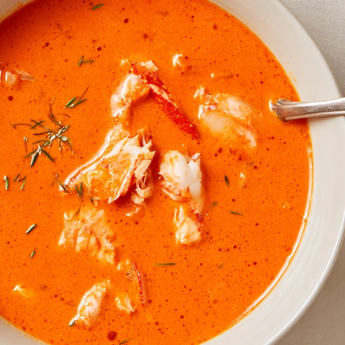 Rich velvety Gordon Ramsay lobster bisque ladled into bowl with tender lobster meat and fresh herbs