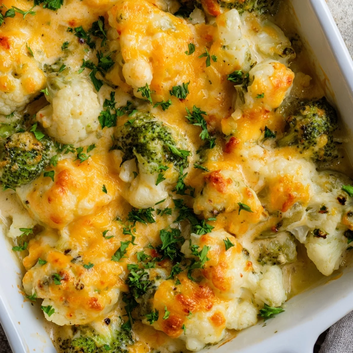 Baked cheesy keto broccoli cauliflower casserole garnished with fresh parsley and served hot