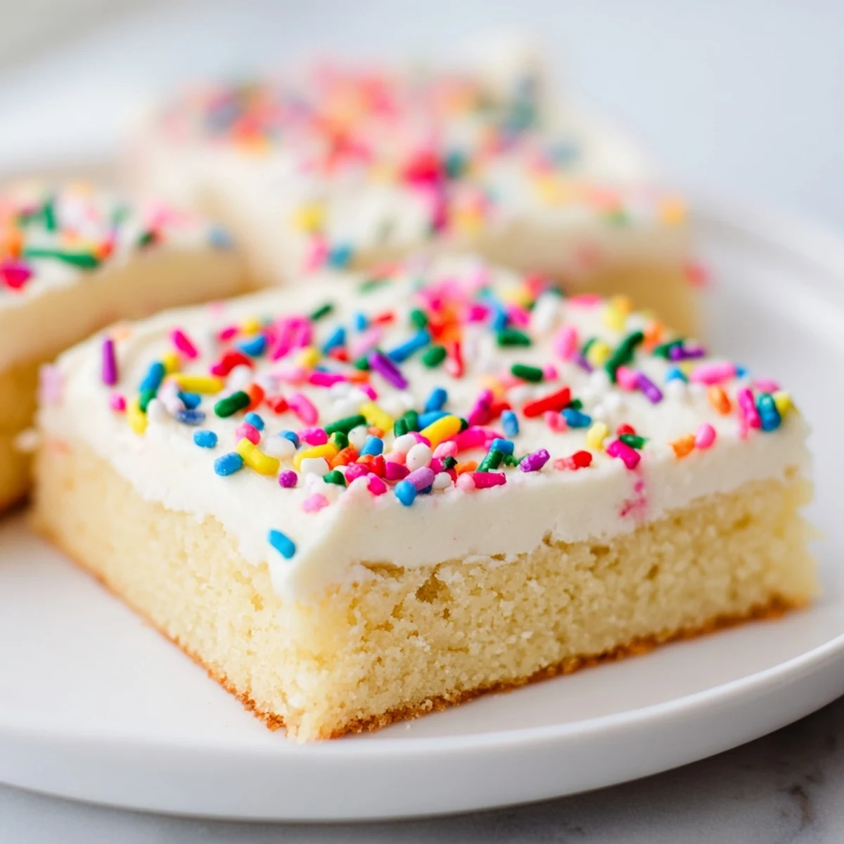Soft homemade sugar cookie bars spread with creamy white vanilla frosting and colorful sprinkles on a white plate.