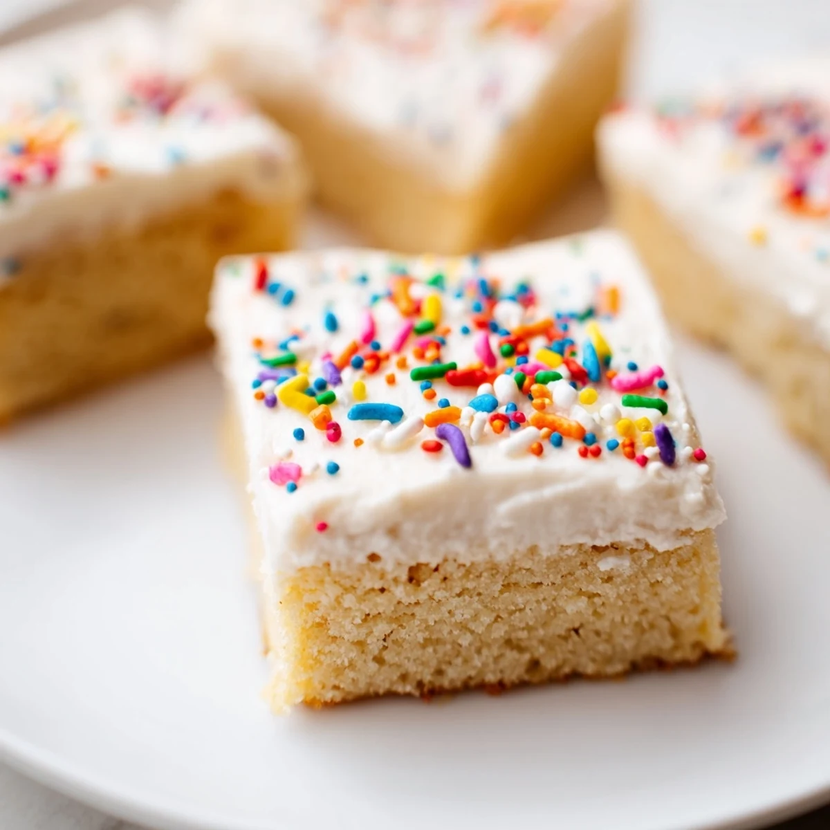 Golden baked sugar cookie bars topped with thick vanilla buttercream frosting and finished with festive rainbow sprinkles for decoration.