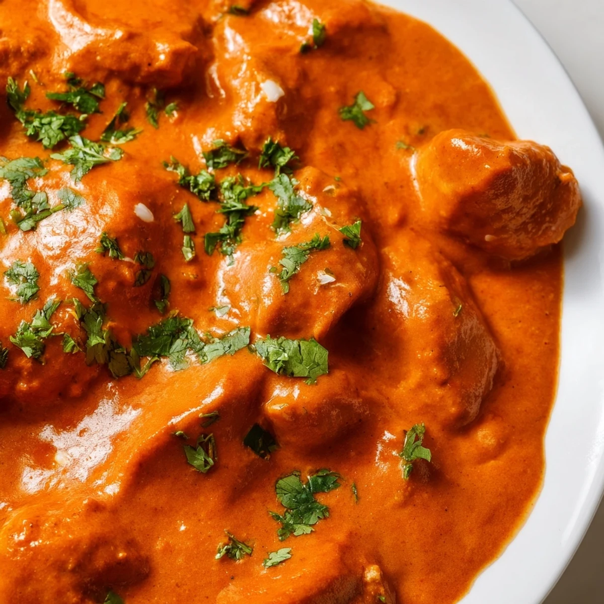 Creamy butter chicken simmered in a rich tomato sauce with fresh cilantro garnish