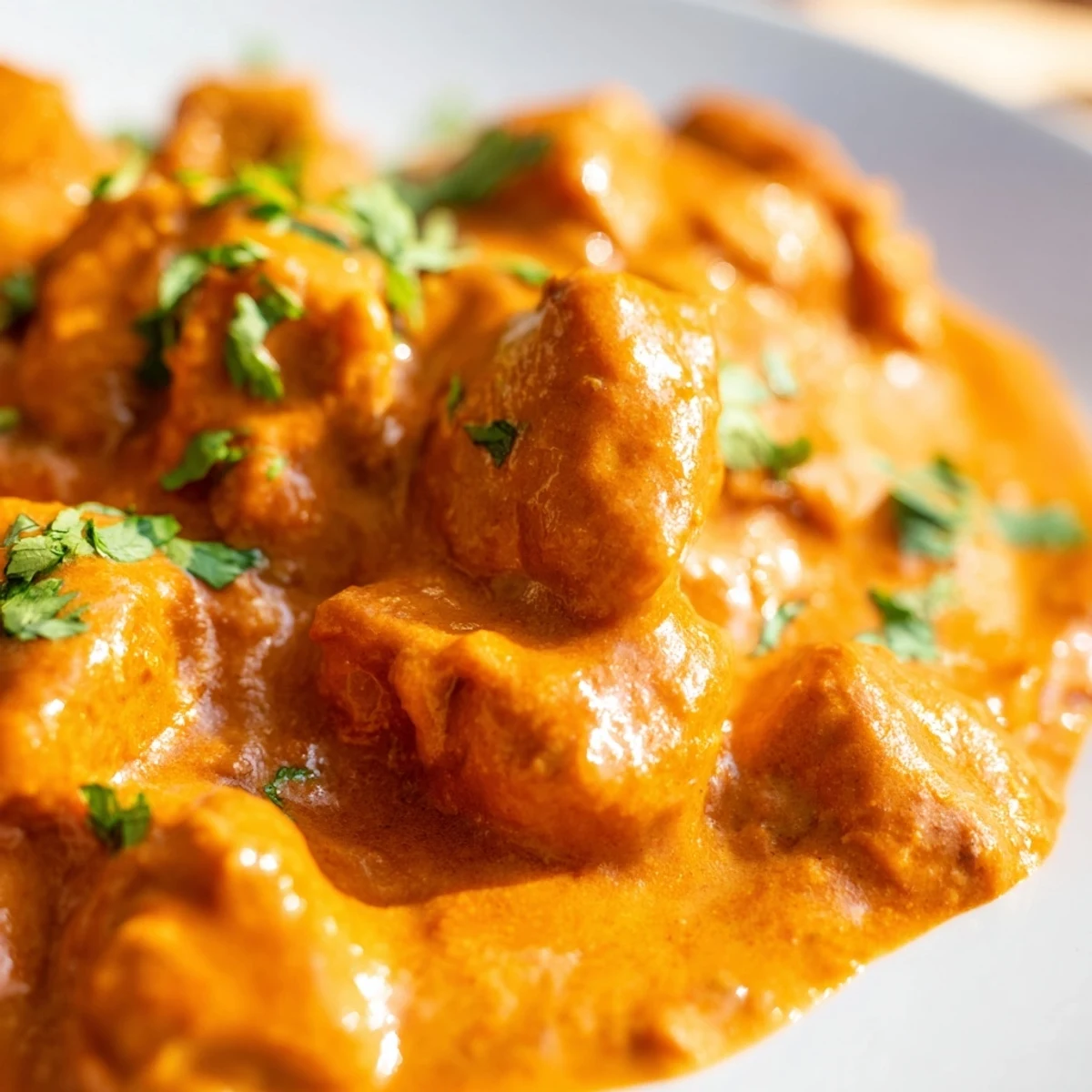 Tender pieces of spiced chicken swimming in velvety orange curry sauce over white rice