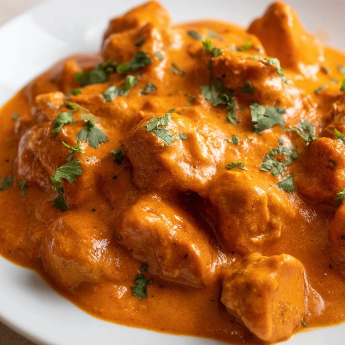 Steaming bowl of authentic Indian butter chicken curry topped with green cilantro sprigs