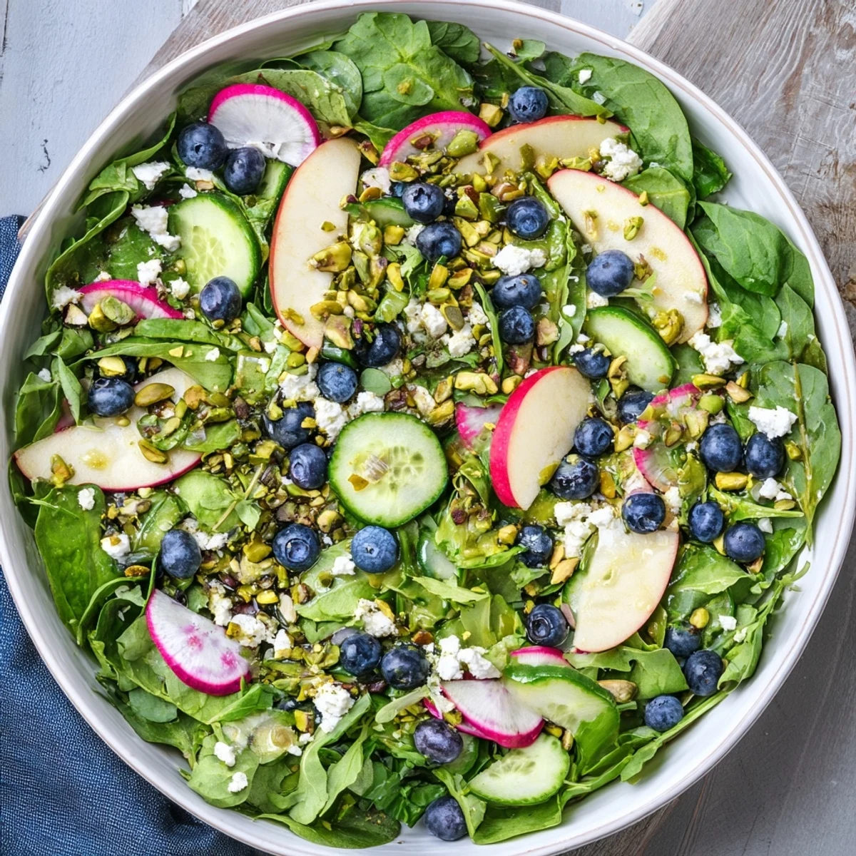 Garden fresh blueberry pistachio spring salad tossed with lemon dressing and sliced radishes