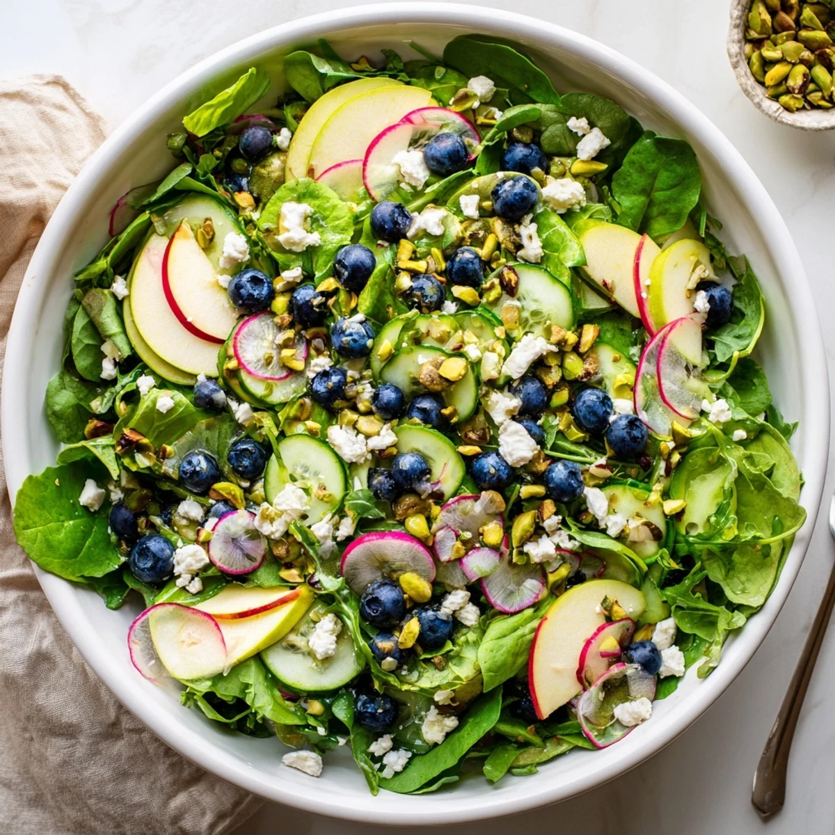 Colorful blueberry pistachio spring salad featuring sweet fruit, crunchy nuts, and tangy feta crumbles
