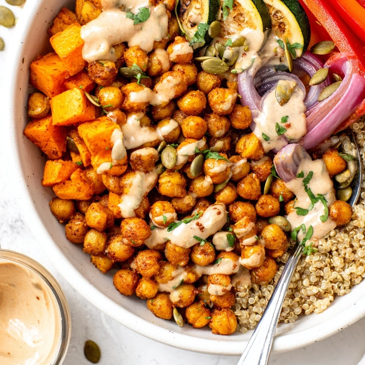 Golden roasted chickpeas and colorful veggies drizzled with creamy tahini dressing over fluffy quinoa in a nourishing Mediterranean bowl