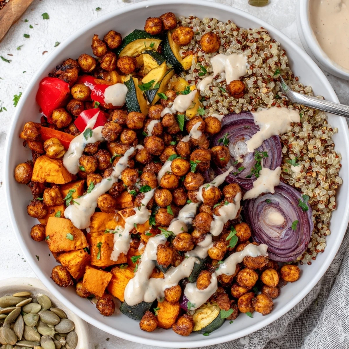 Vibrant roasted chickpea and veggie bowl featuring crisp sweet potatoes bell peppers and zucchini topped with savory tahini sauce