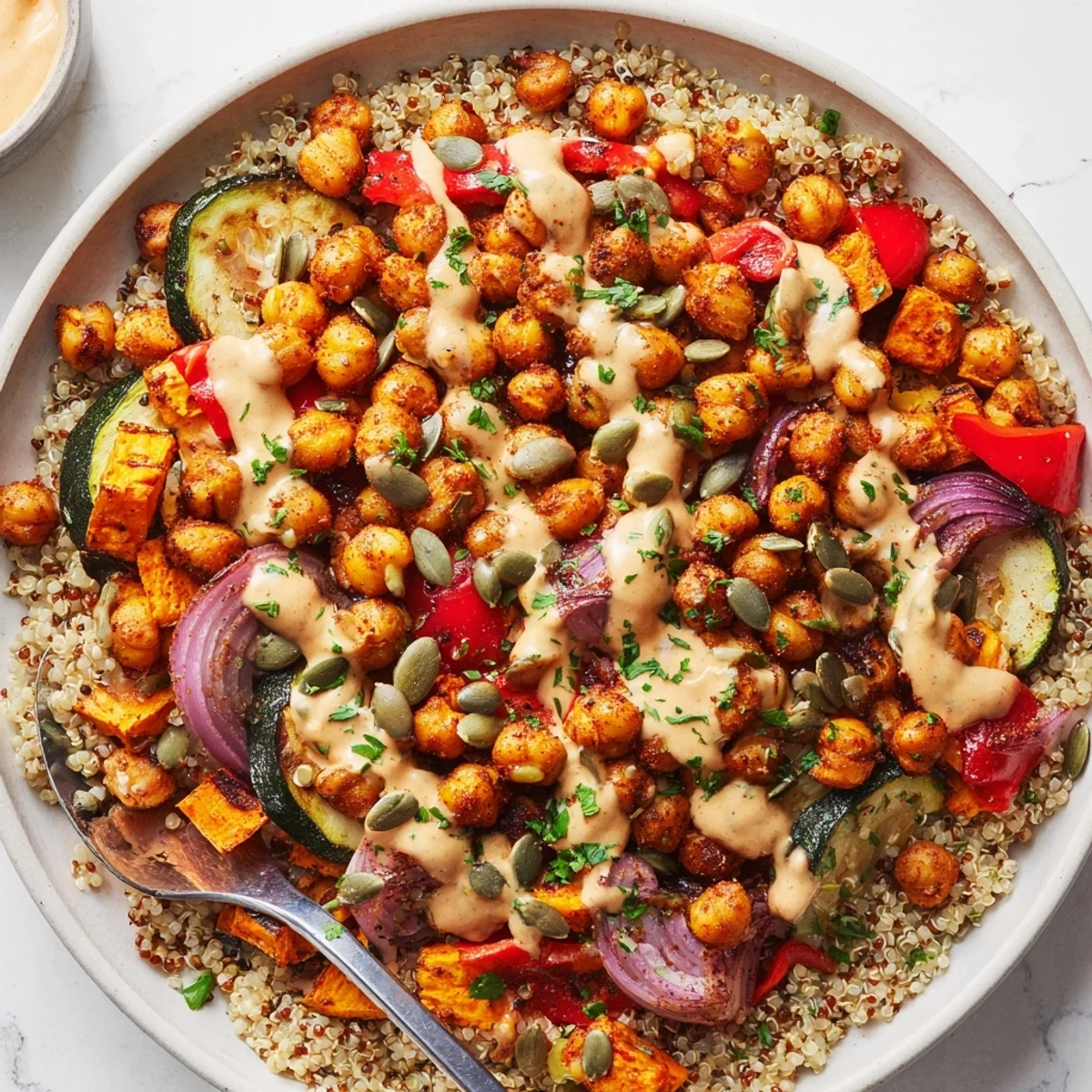 Plant-based roasted chickpea and veggie bowl with fluffy quinoa base fresh spinach and crunchy pumpkin seeds for a satisfying meal