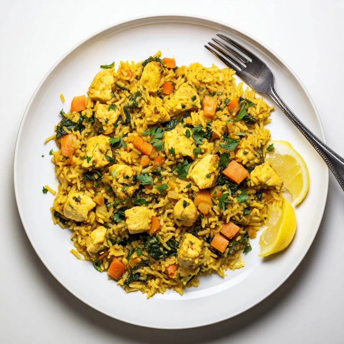 Golden turmeric-infused rice bowl with tender chicken pieces and vibrant fresh vegetables