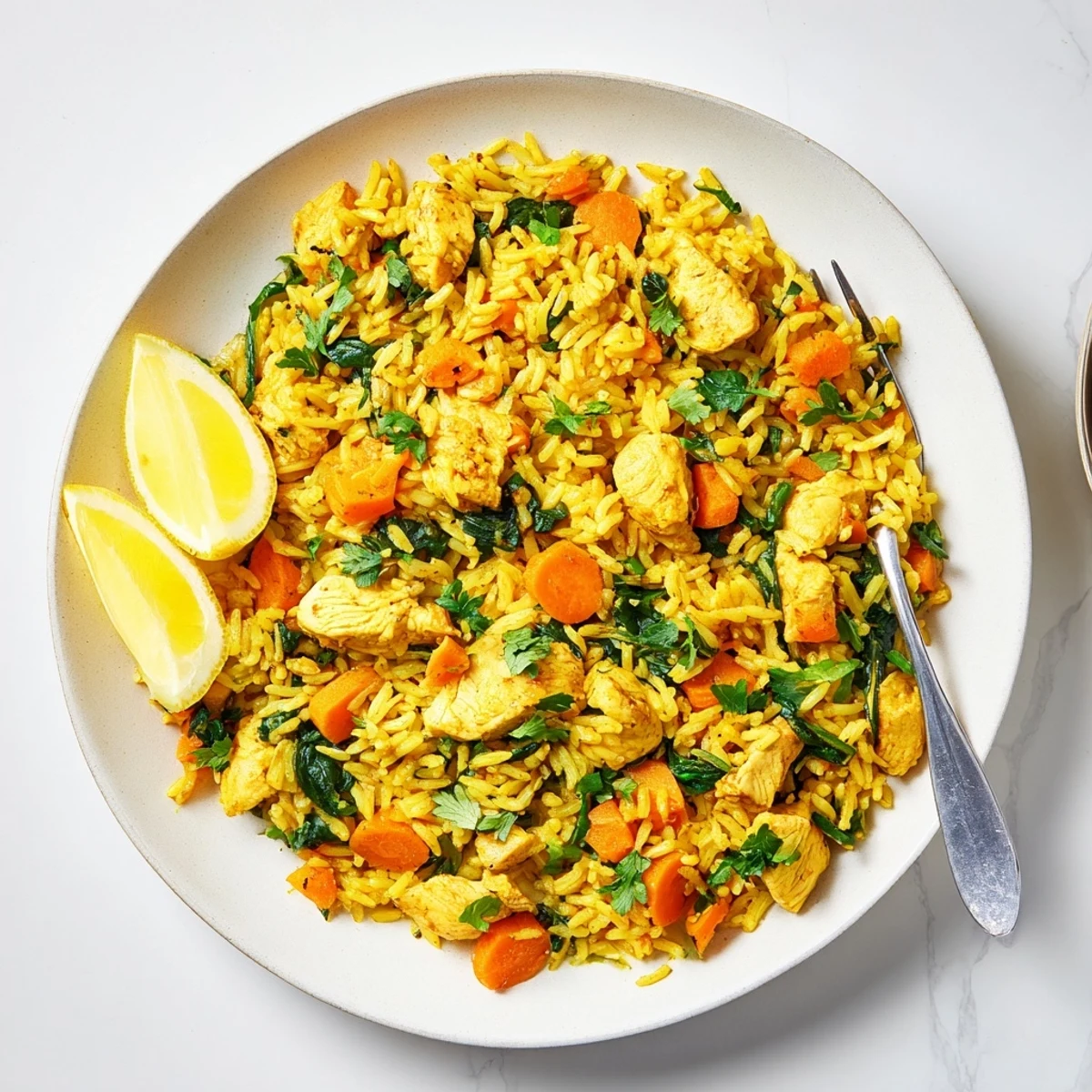 Healing Anti-Inflammatory Turmeric Chicken Rice served in a white bowl garnished with green cilantro