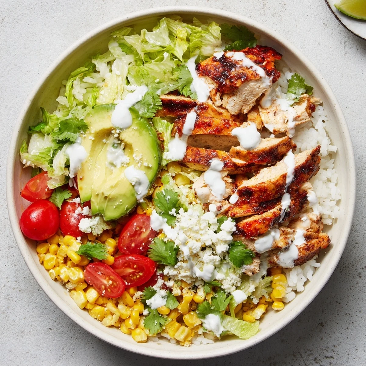 Golden street corn chicken bowl with juicy grilled meat, roasted corn, and tangy lime crema drizzled over fresh avocado and cotija cheese