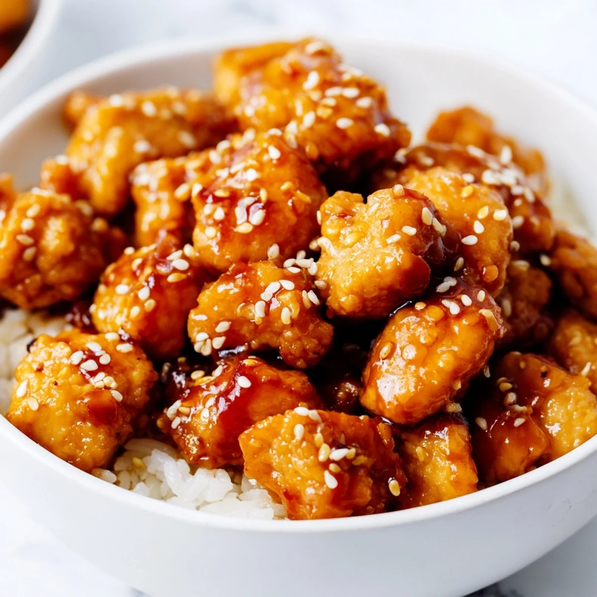 Golden glazed sticky chicken bowls served over fluffy white rice with colorful fresh vegetables and sesame seed garnish