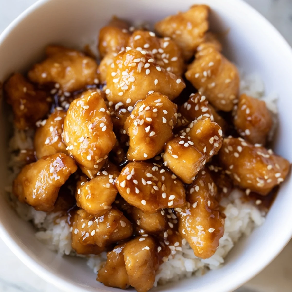 Tender sticky chicken thighs coated in sweet savory honey sauce arranged in a bowl with crisp cucumber carrots and green onions