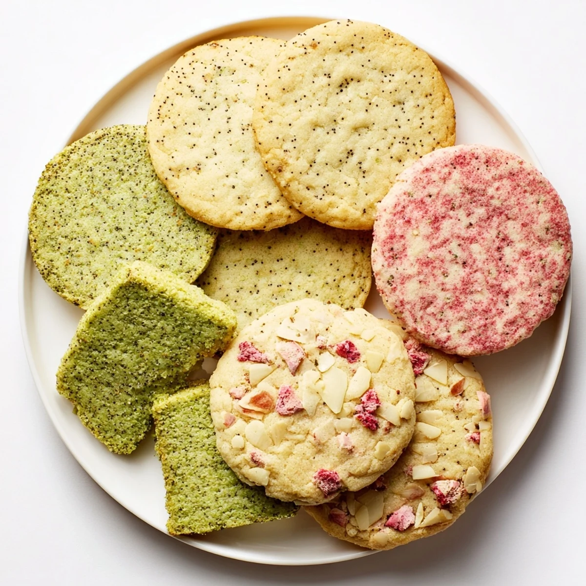 Colorful spring cookie collection featuring lemon poppy seed, matcha almond, and strawberry white chocolate varieties arranged on a wooden board