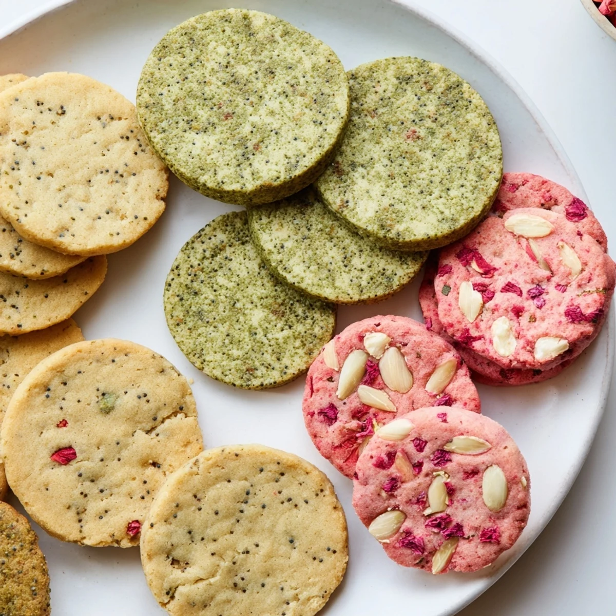 Assorted spring cookies display with bright lemon, green matcha, and pink strawberry treats stacked on a white platter