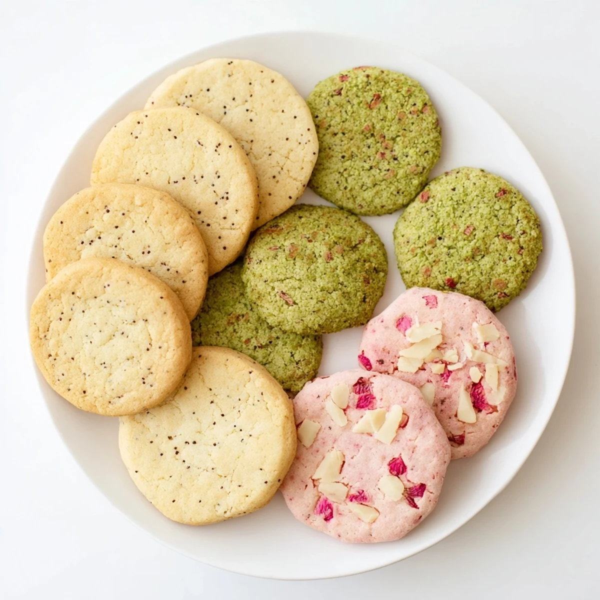 Beautiful spring cookie assortment showcasing golden shortbread and fruit-studded cookies garnished with fresh lemon zest and edible flowers