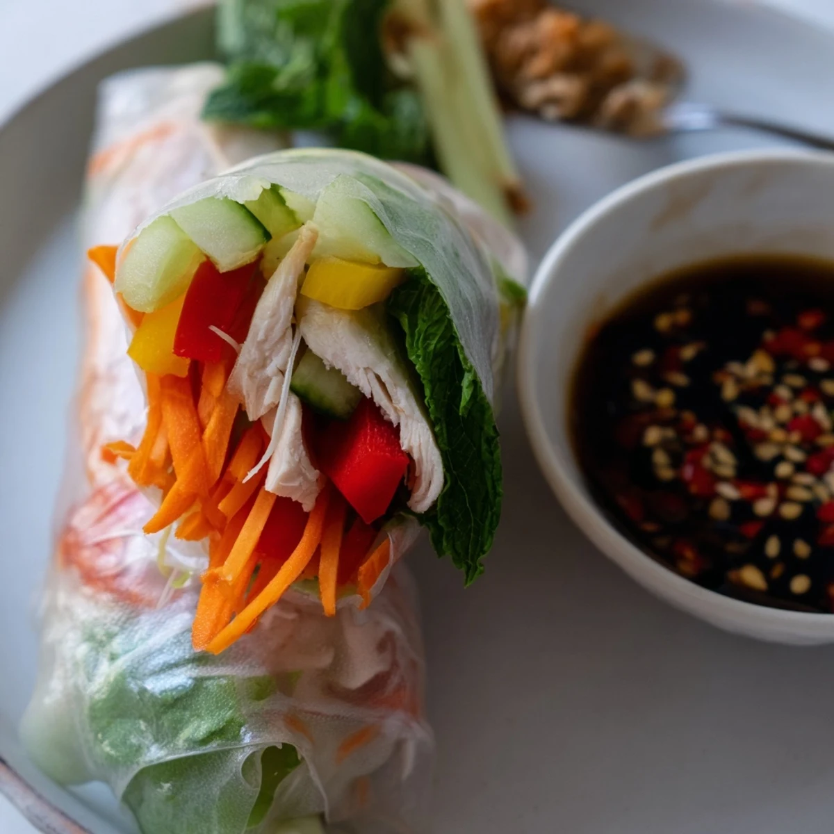 Light chicken veggie spring rolls with crisp vegetables and zesty dipping sauce on white plate