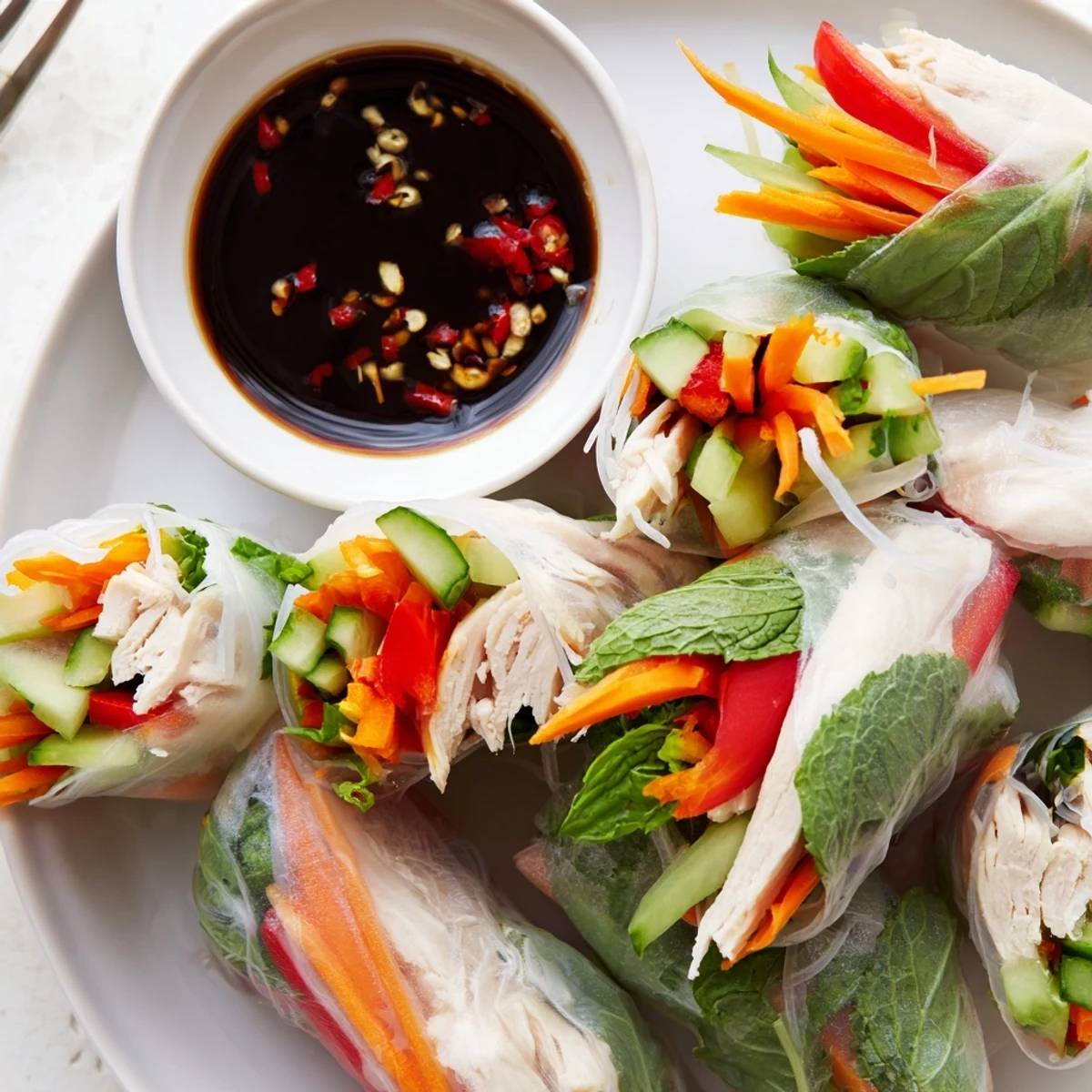 Fresh light chicken veggie spring rolls filled with colorful julienned carrots cucumber and herbs