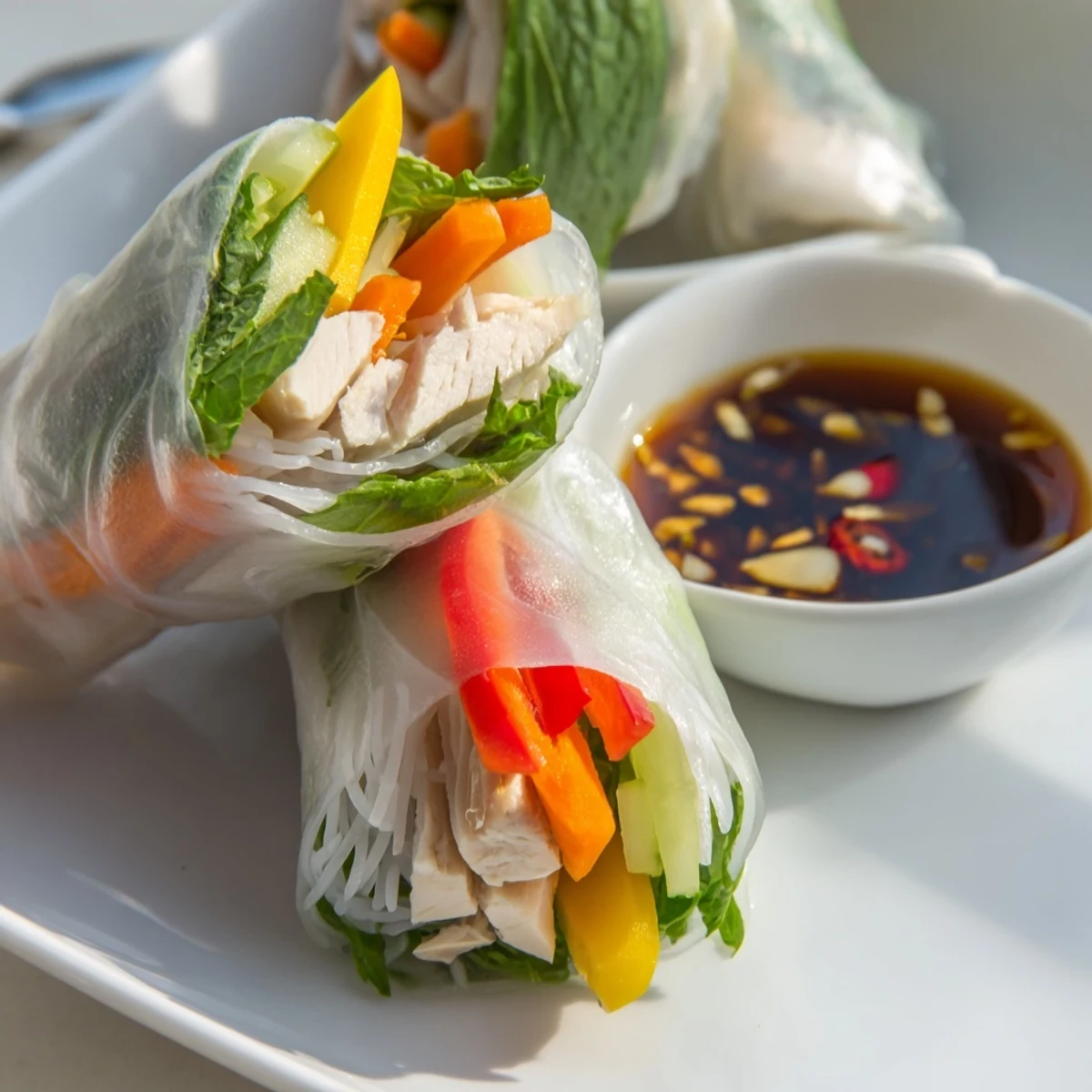 Tender chicken breast wrapped in translucent rice paper with crunchy vegetables served diagonally plated