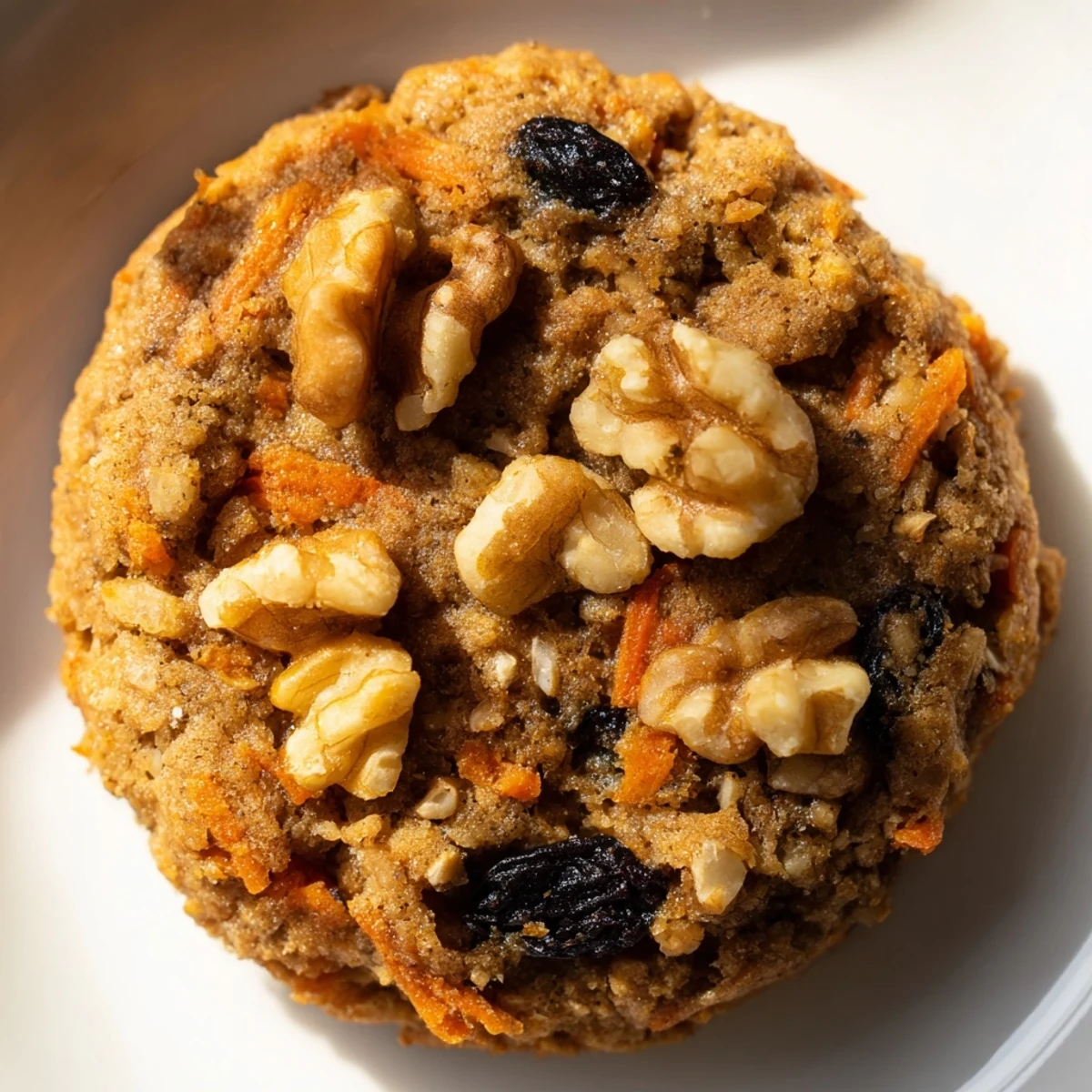 Golden brown chewy carrot cake cookies studded with grated carrots, walnuts, and plump raisins on a white plate
