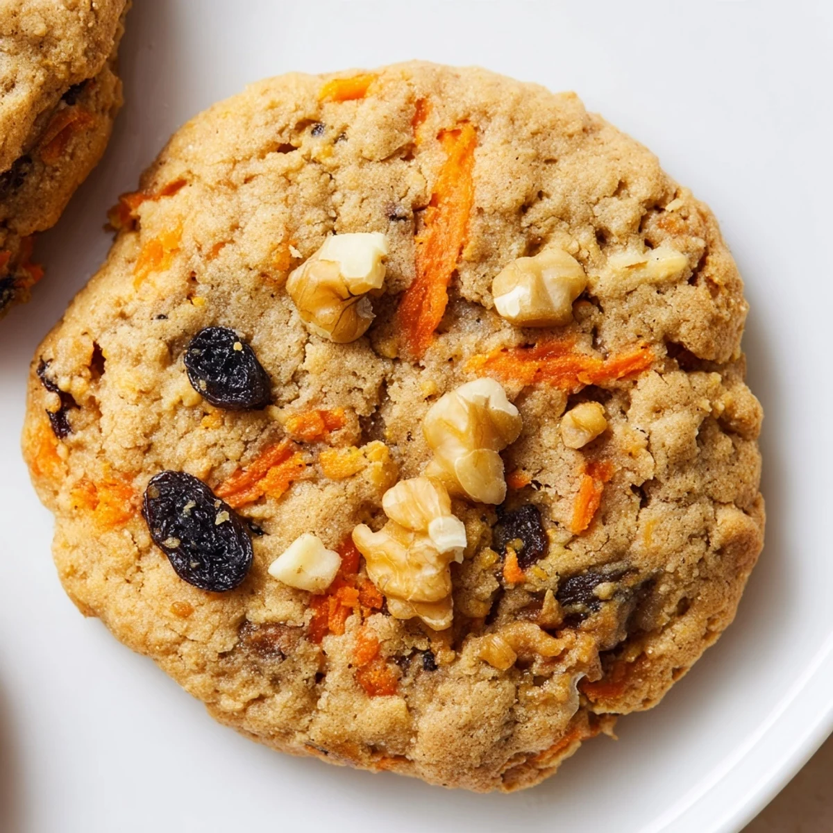 Soft spiced carrot cake cookies with visible carrot shreds and walnut pieces arranged on a baking sheet