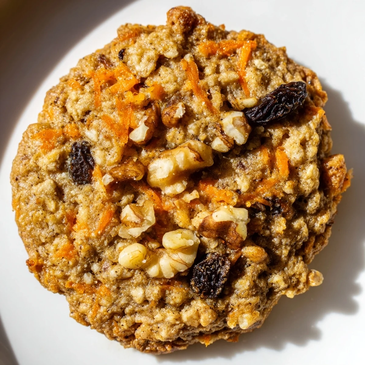 Homemade carrot cake cookies topped with cream cheese glaze, showcasing textured carrot and walnut bits inside