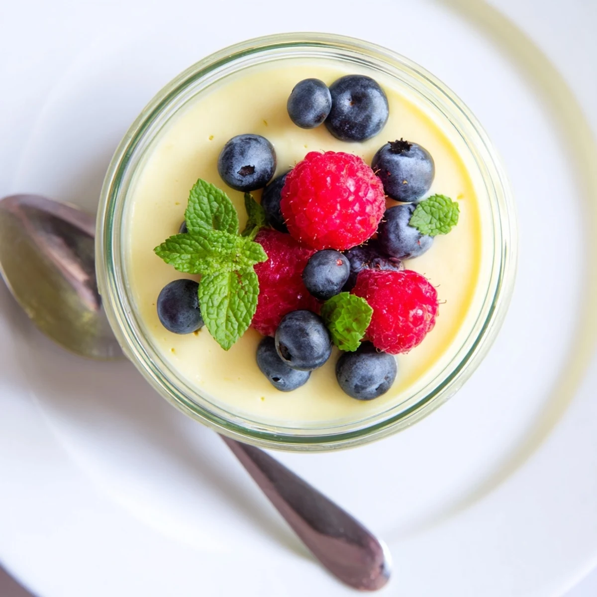 Creamy lemon posset dessert in glass cups topped with fresh red raspberries and green mint leaves