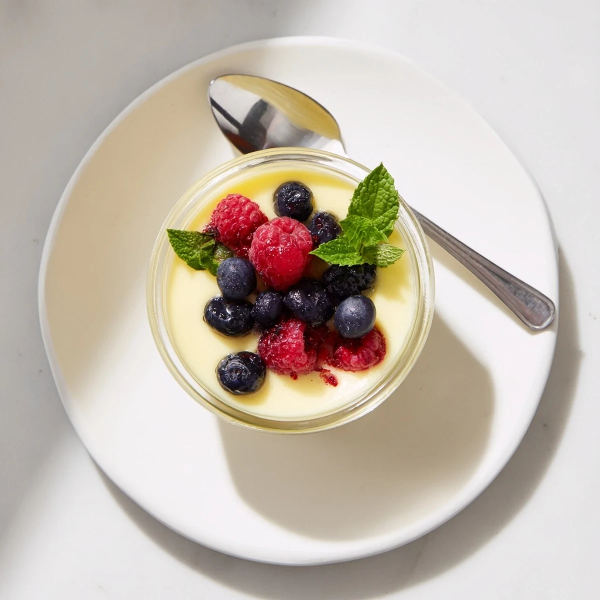 Classic British lemon posset plated elegantly with garnish of berries and mint for a refreshing sweet treat
