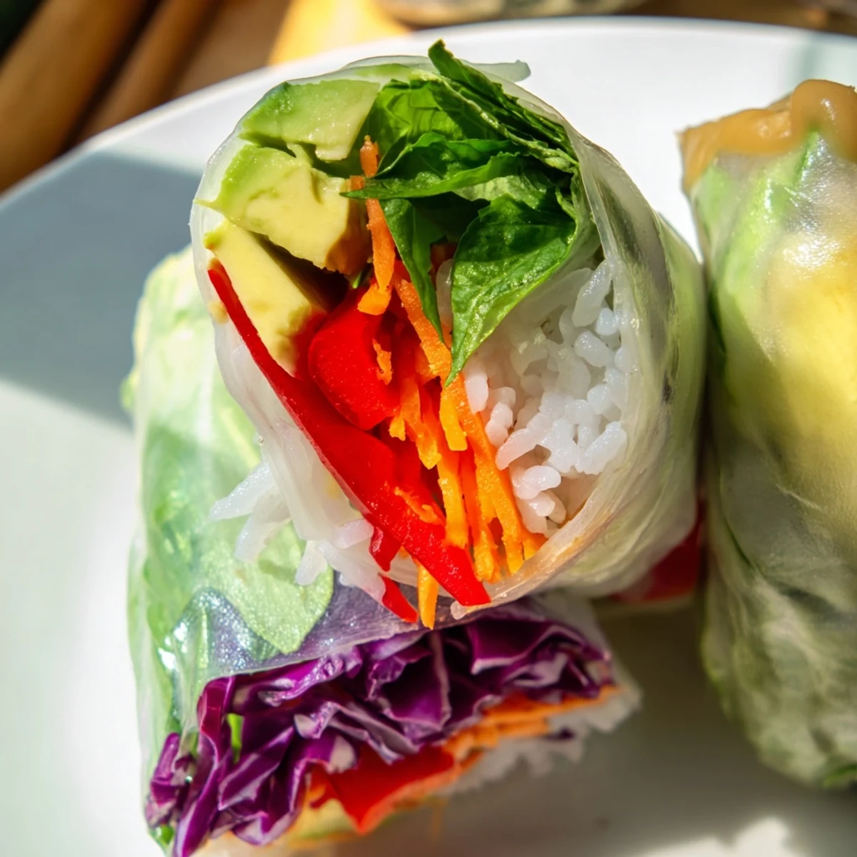 Vietnamese fresh spring rolls arranged on a white plate displaying crisp carrot cucumber bell pepper and vibrant green mint leaves visible through translucent wrappers