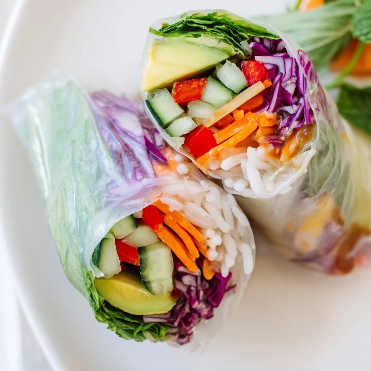 Fresh spring rolls featuring transparent rice paper wraps filled with colorful julienned vegetables and fragrant herbs served alongside creamy peanut dipping sauce