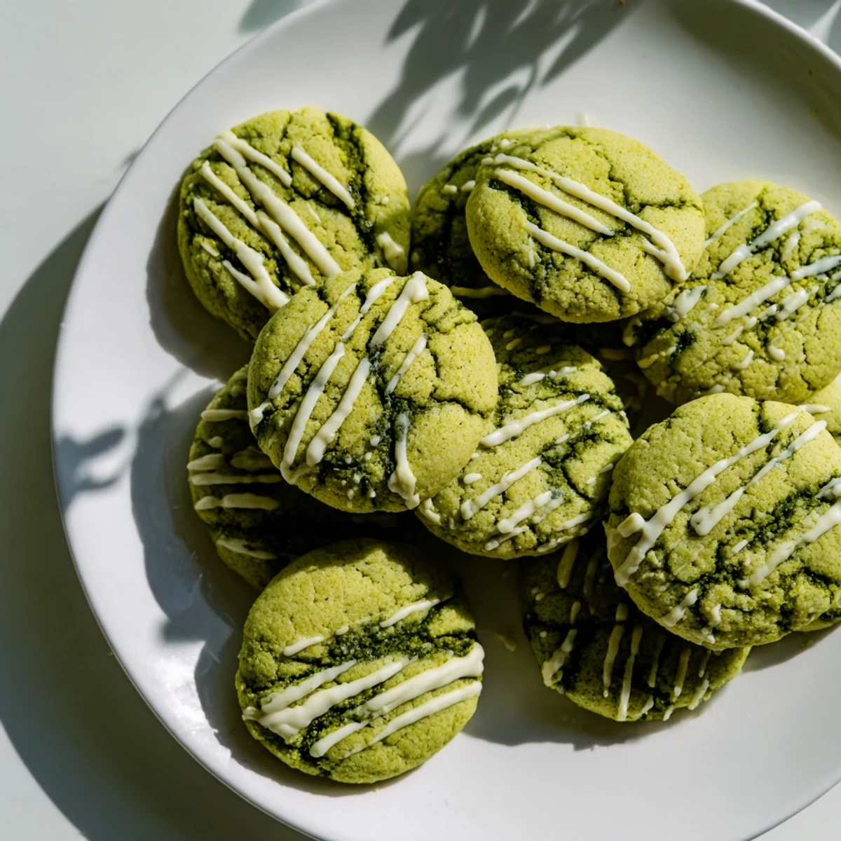 Vibrant green cookie with tender crumb finished with sweet white chocolate swirls