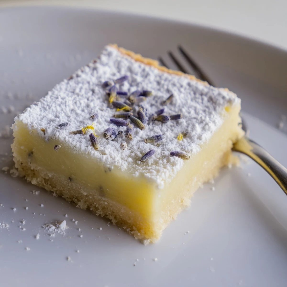 Golden lavender lemon cream bars with buttery crust and powdered sugar dusting on serving plate