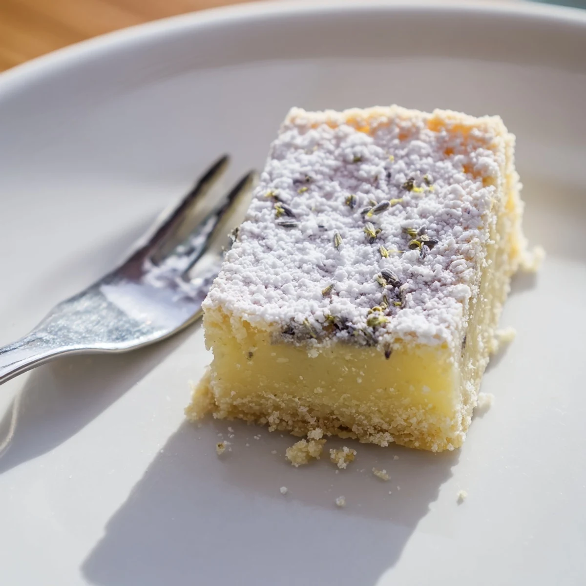 Creamy lemon lavender bars sliced into squares with floral garnish on white ceramic platter