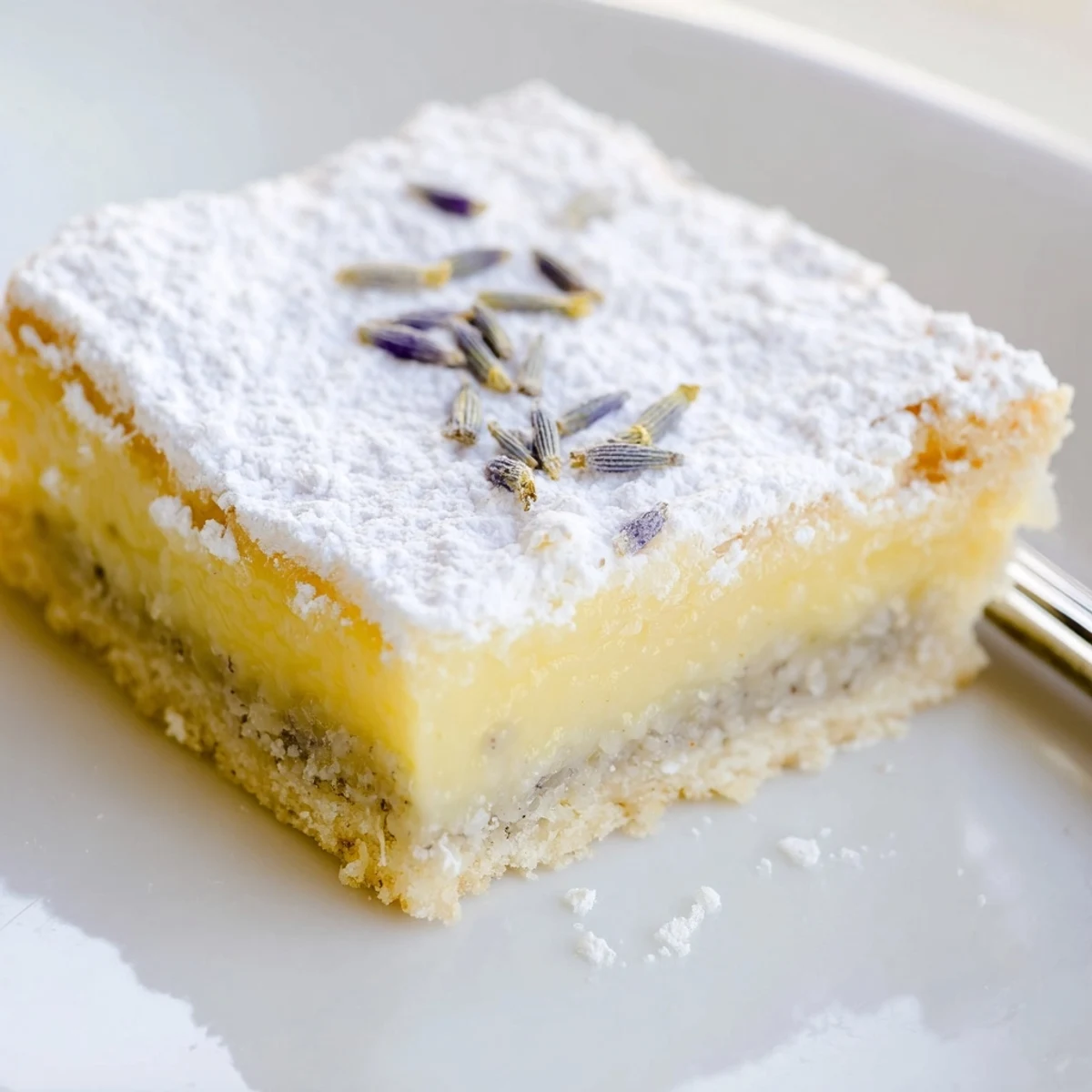 Freshly baked lavender lemon cream bars featuring smooth yellow filling on rustic wooden board