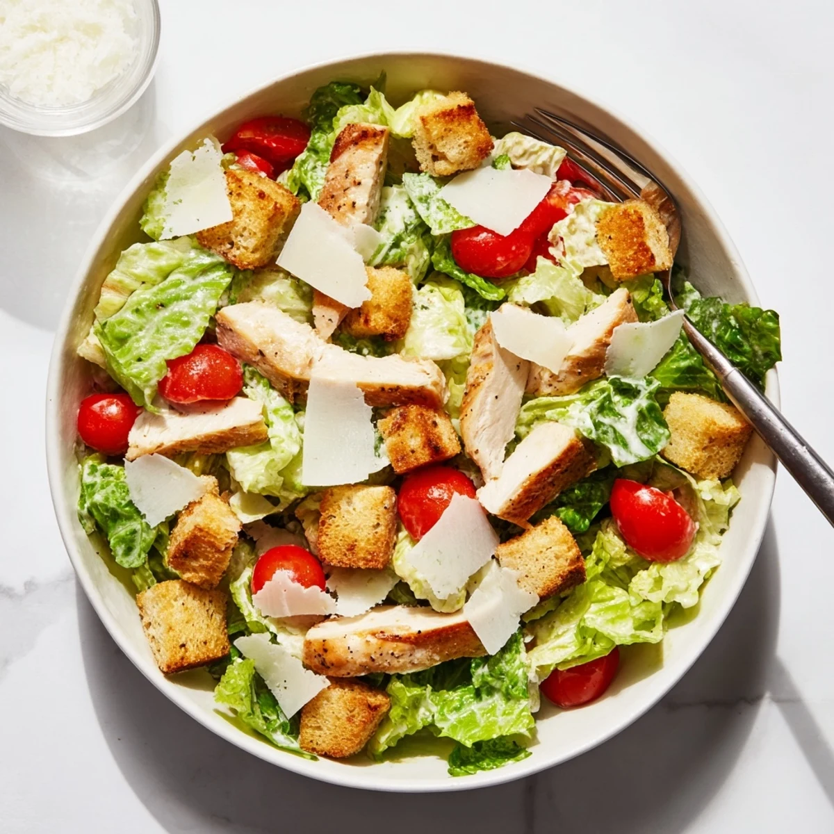 Creamy homemade Caesar dressing coats fresh romaine and tender chicken in this Best Chicken Caesar Salad