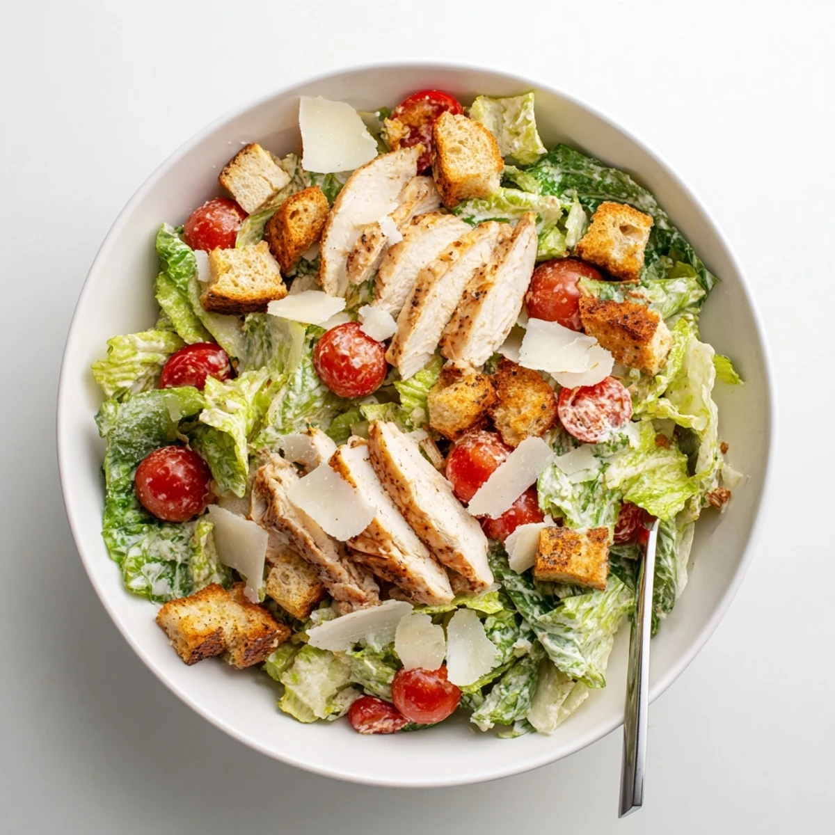 Sliced grilled chicken and shaved Parmesan top crunchy croutons in this vibrant Best Chicken Caesar Salad