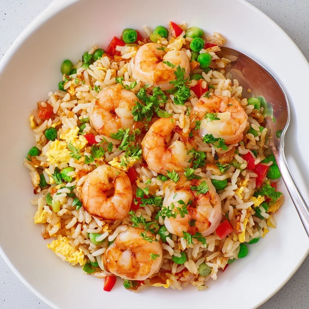 Golden garlic prawns served over colorful sweet chilli fried rice with vegetables