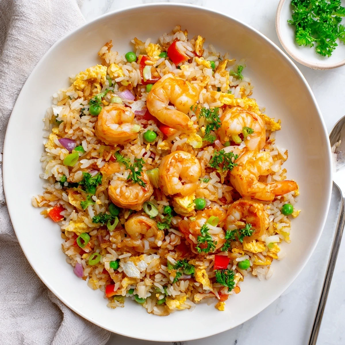 Plated garlic prawns and sweet chilli fried rice garnished with fresh spring onions