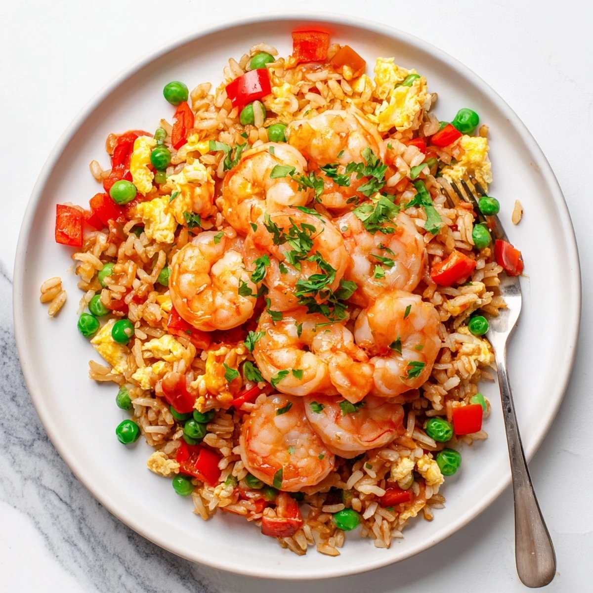 Weeknight dinner featuring juicy garlic butter prawns atop savory sweet chilli rice