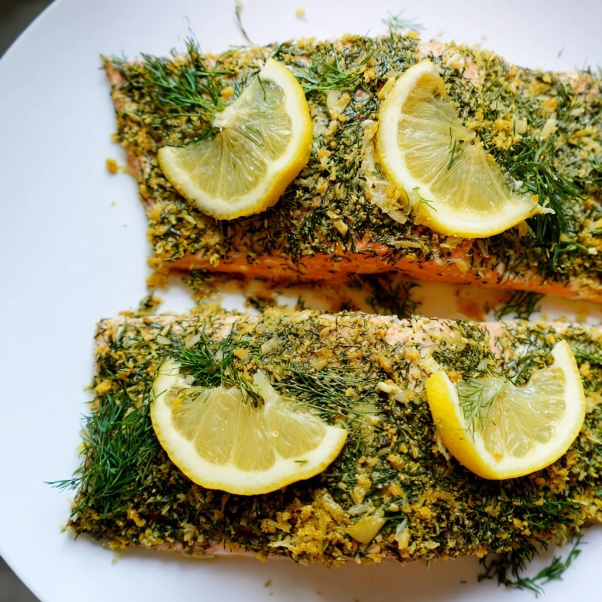 Golden brown dill and lemon baked salmon fillet garnished with fresh herbs and lemon slices