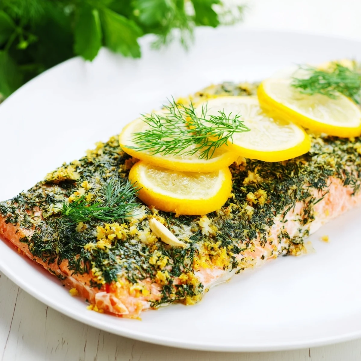 Flaky pink dill and lemon baked salmon served on a white plate with aromatic dill sprigs