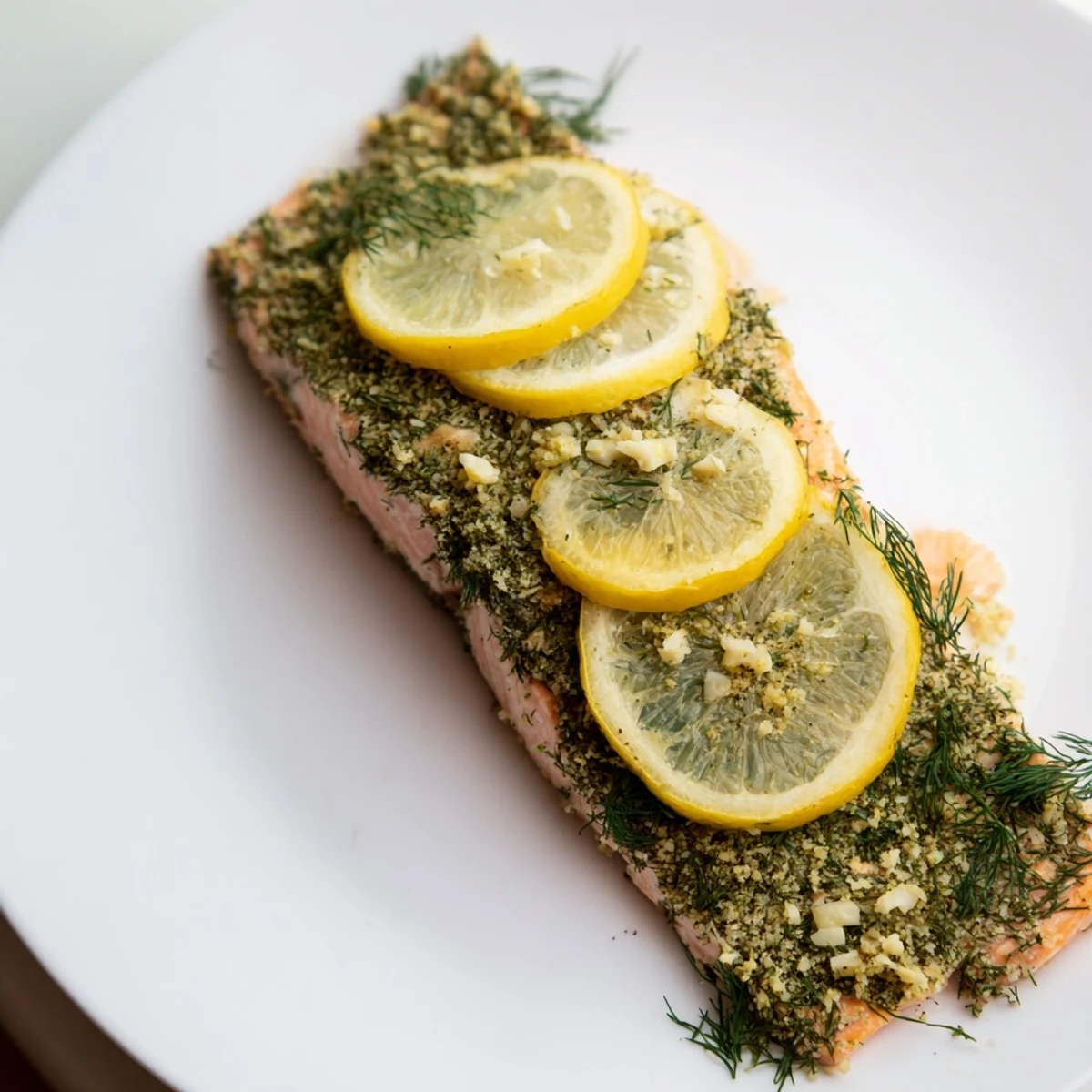 Oven-baked salmon fillet seasoned with zesty lemon and chopped dill, perfectly cooked and flaky