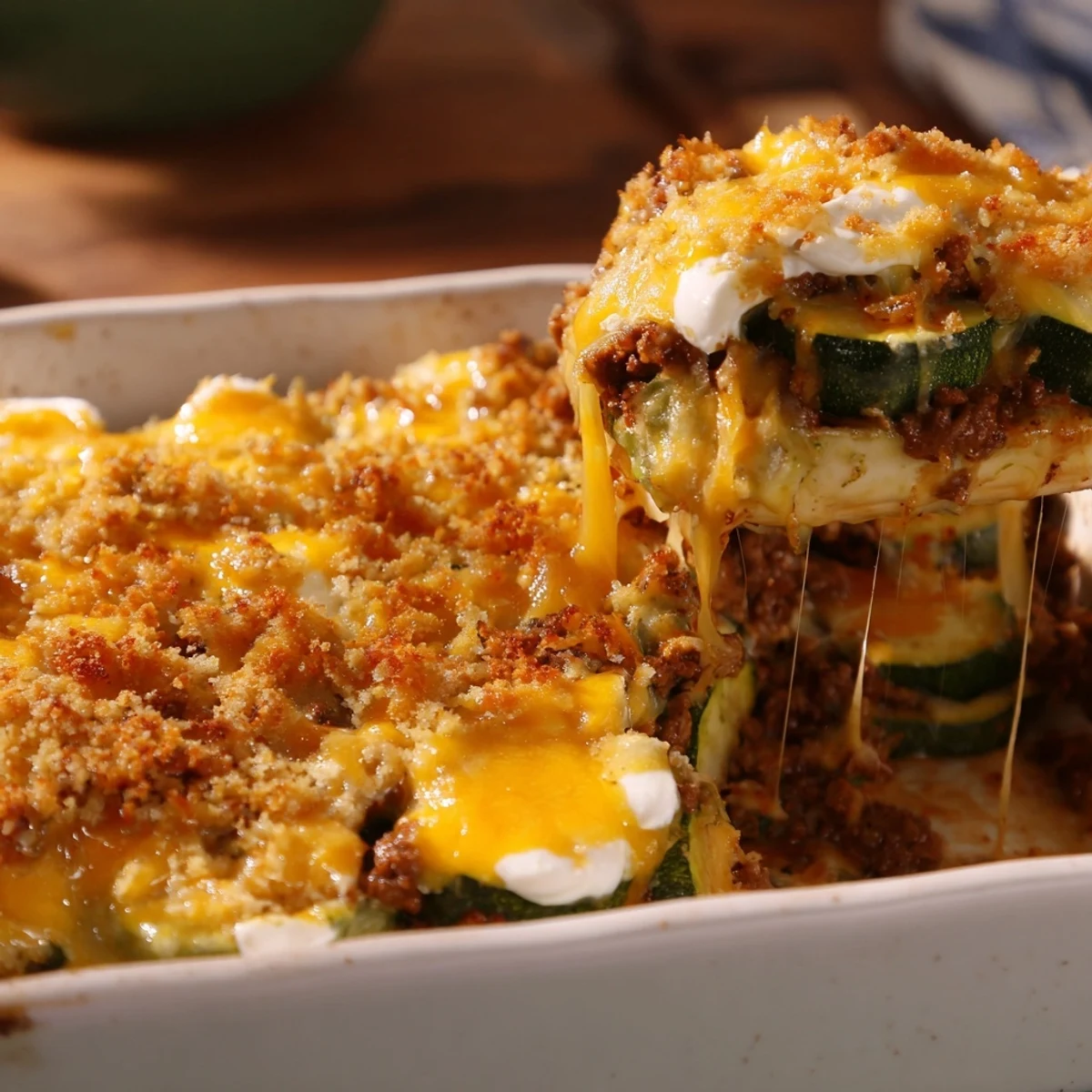 Golden bubbling cheesy beef zucchini casserole with melted cheddar and crispy breadcrumb topping