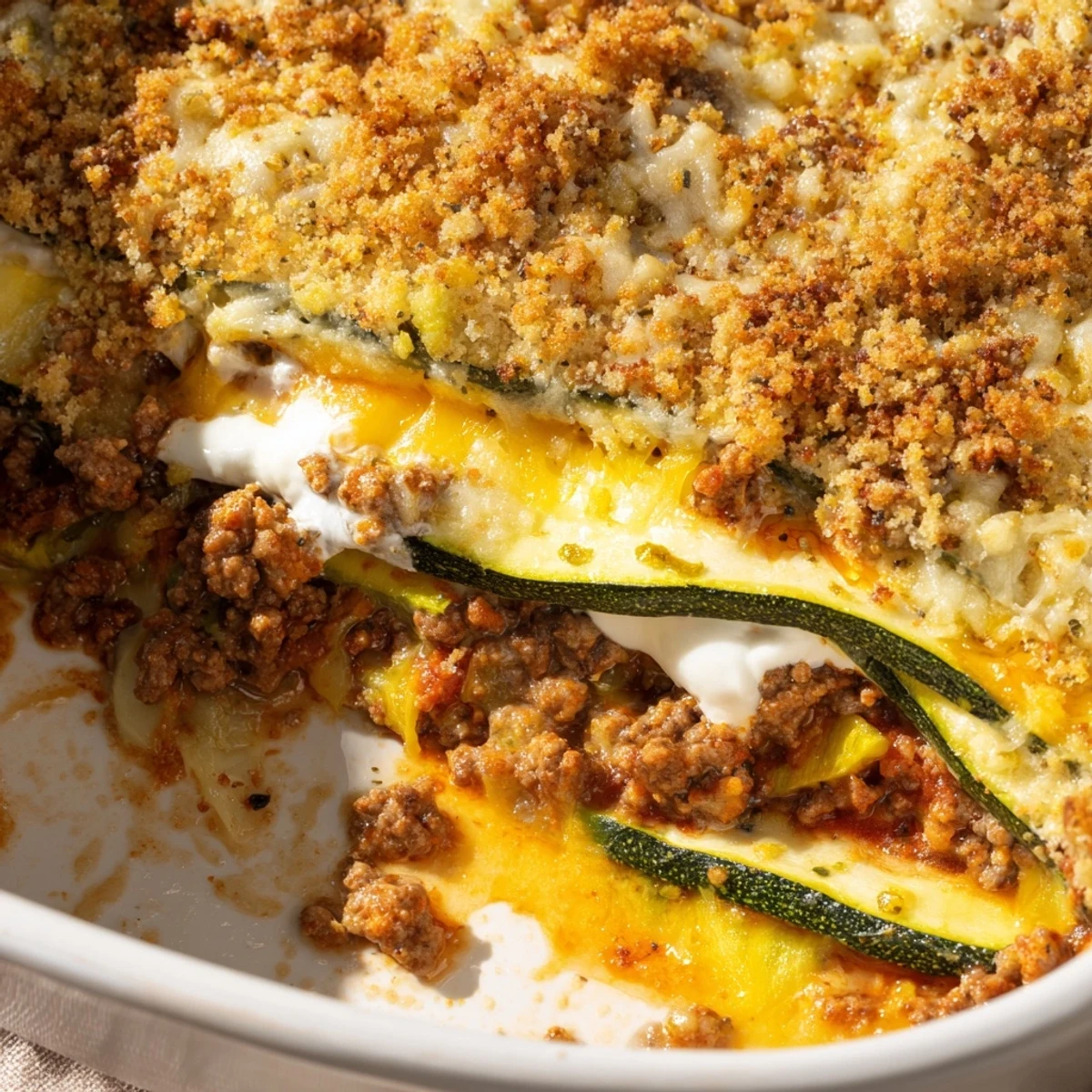 Hearty layered cheesy beef zucchini casserole featuring tender zucchini rounds and seasoned ground beef