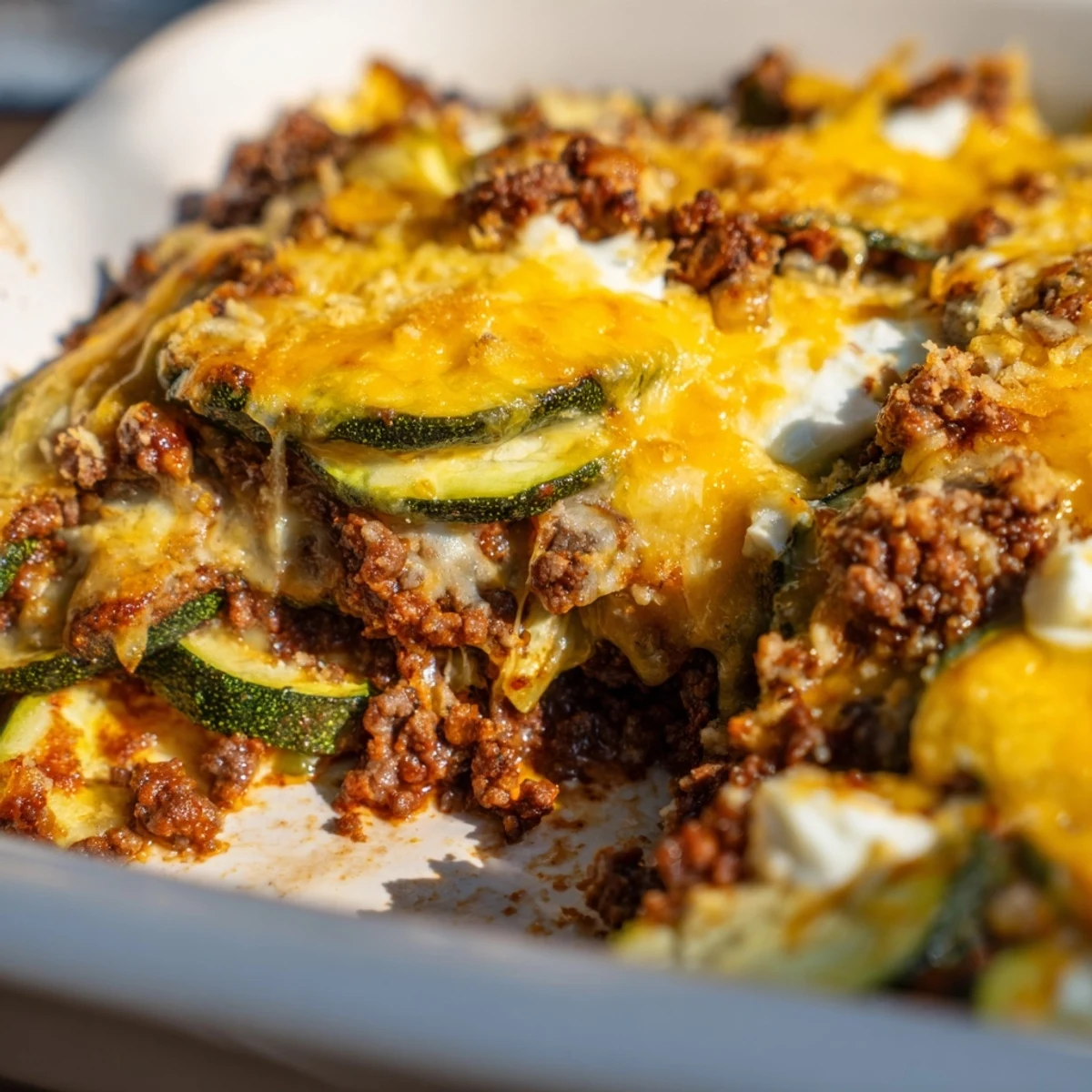 Baked cheesy beef zucchini casserole fresh from oven with golden brown crust and melted cheese