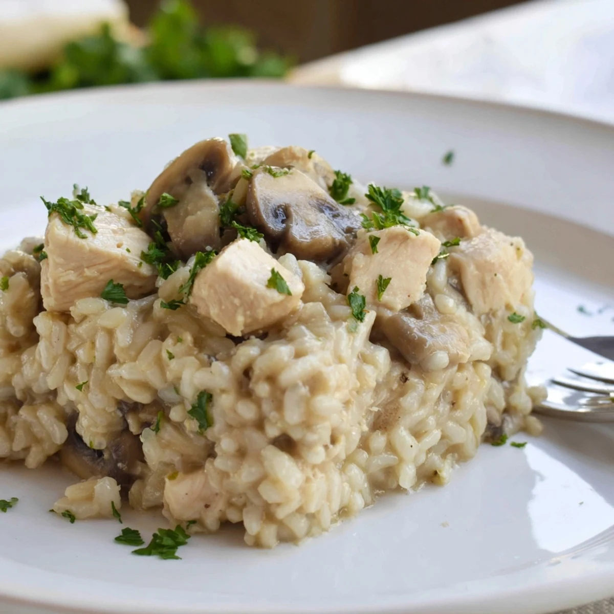 Creamy chicken and mushroom baked risotto topped with fresh parsley and grated Parmesan cheese