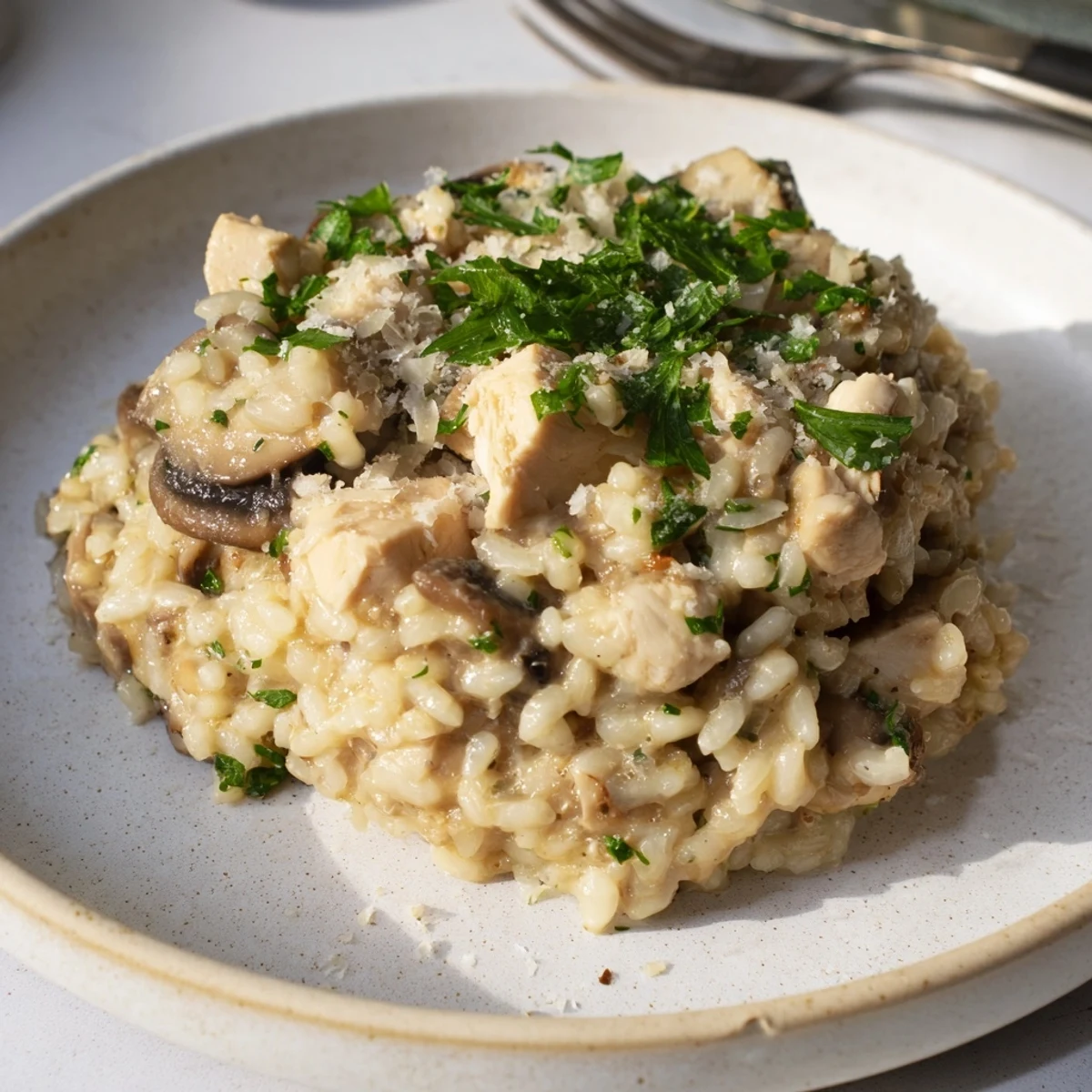 Golden chicken pieces nestled in rich Arborio rice with earthy mushrooms and thyme