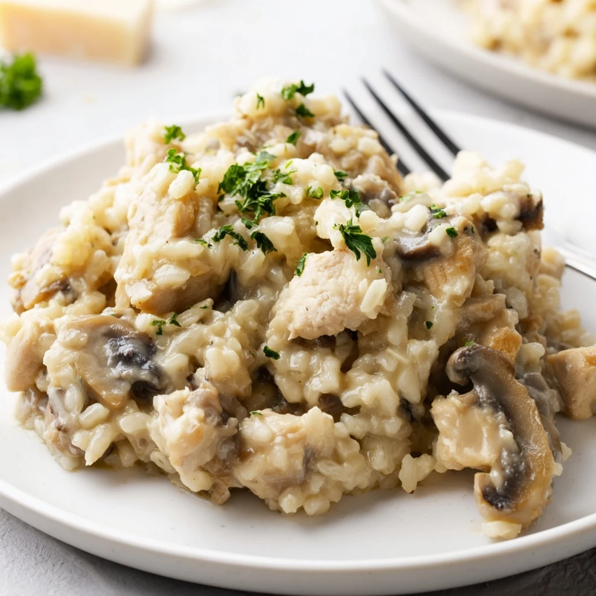 Savory Italian-style chicken and mushroom risotto bubbling in a cast iron skillet with herbs